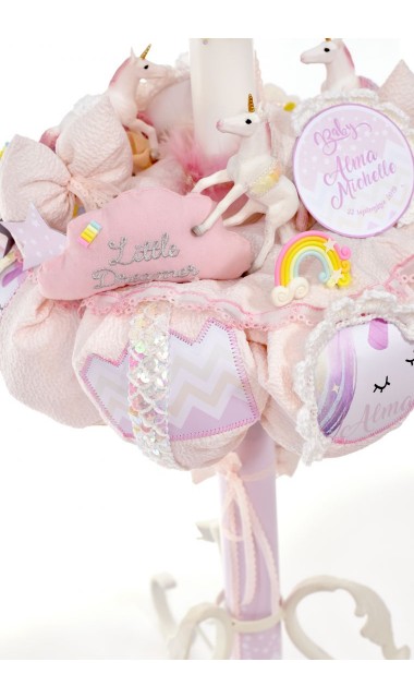 Lumanare de botez roz pentru fetite cu unicorni, 65x4cm, Baby Unicorn 11